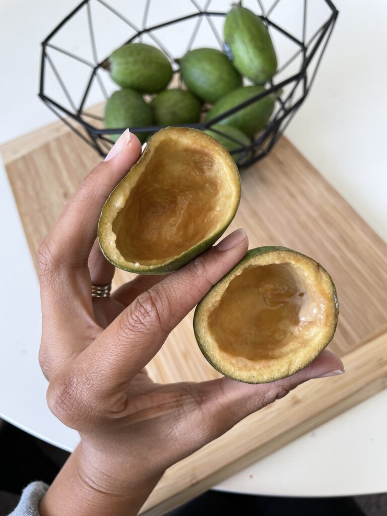 Holding feijoa fruit after cut in half and contents taken out