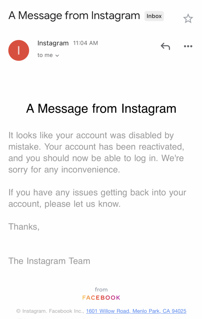 message from instagram after they disabled my account page for no reason
