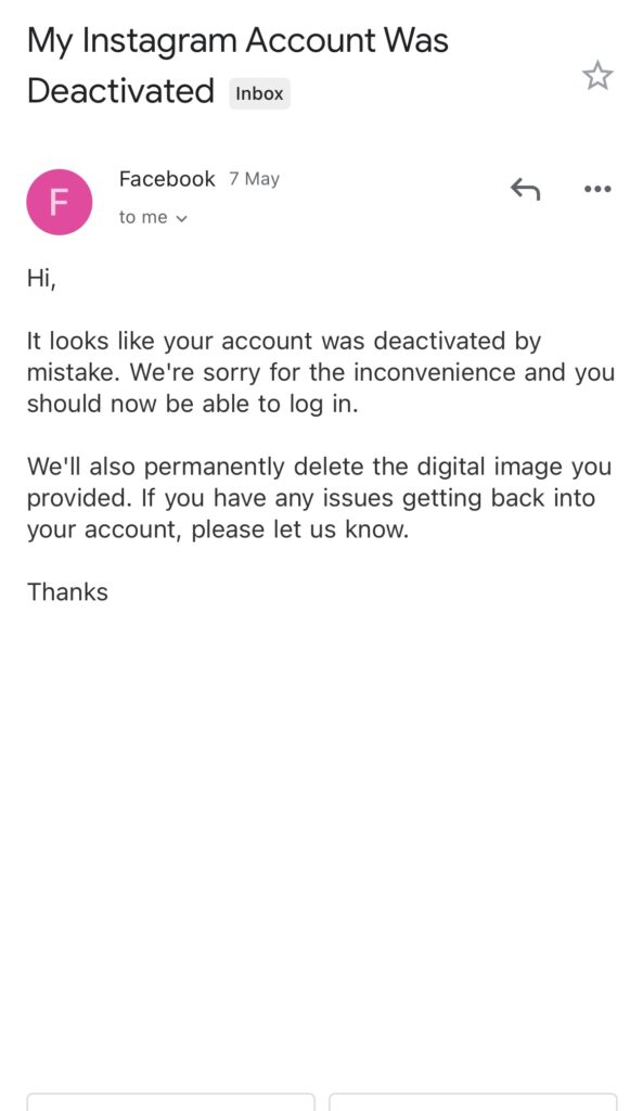 message from Facebook after they disabled my account page for no reason