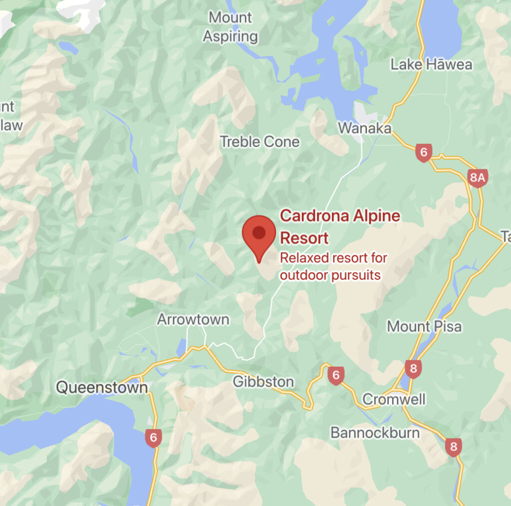 map of cardrona alpine ski resort in relation to Queenstown and Wanaka